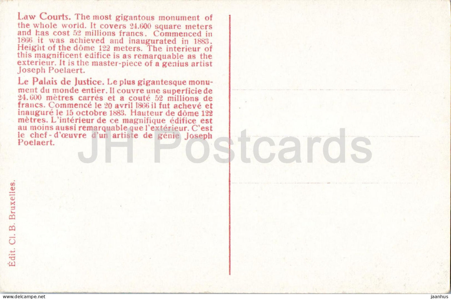Brussels - Bruxelles - Palais de Justice - Law Courts - old postcard - Belgium - unused