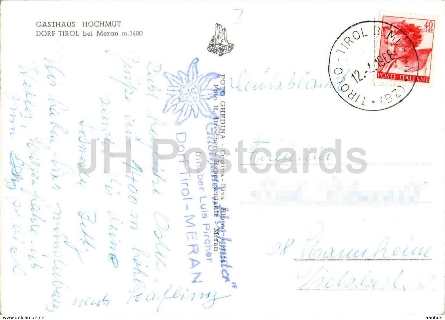 Gasthaus Hochmut - Dorf Tirol bei Meran m.1400 - guesthouse - Dolomites - mountains - Alps - 1968 - Italy - used