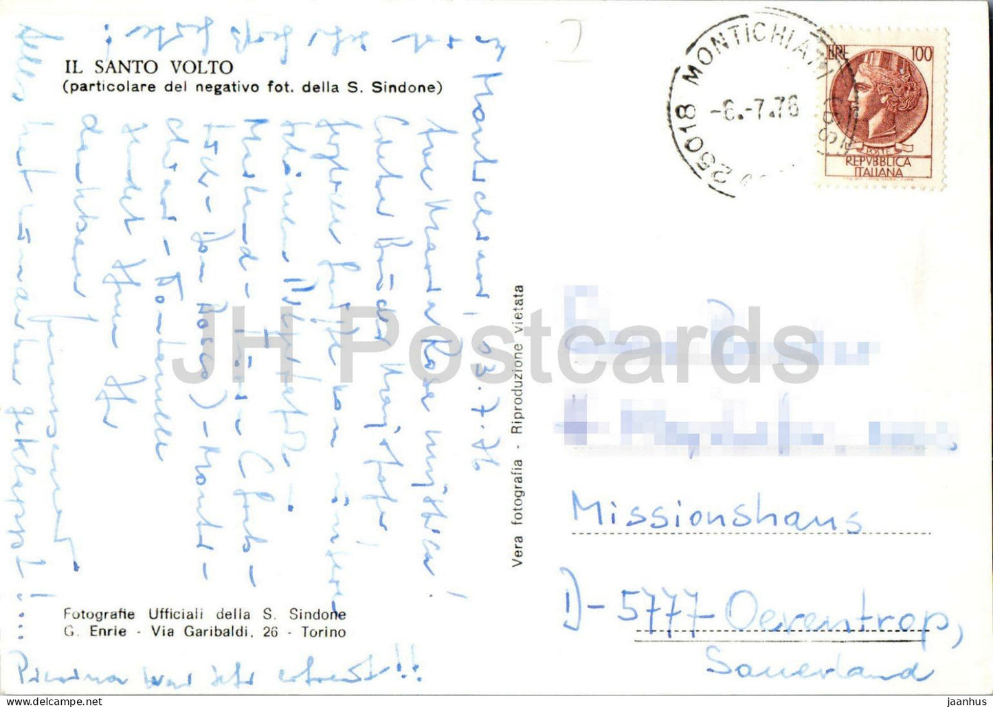 Il Santo Volto - particolare del negativo fot. della S. Sindone - The Holy Shroud - Jesus Christ - 1976 - Italy - used
