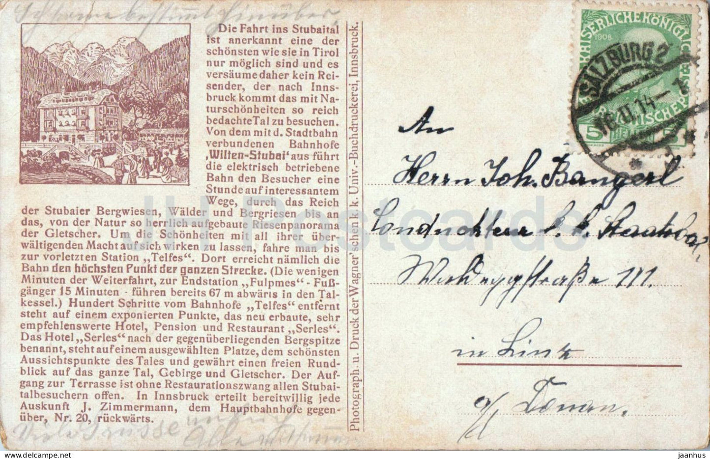 Die Fahrt in Stubaital - Wilten Stubai - Bahnhof - train - railway - tram - bridge old postcard - 1914 - Austria - used