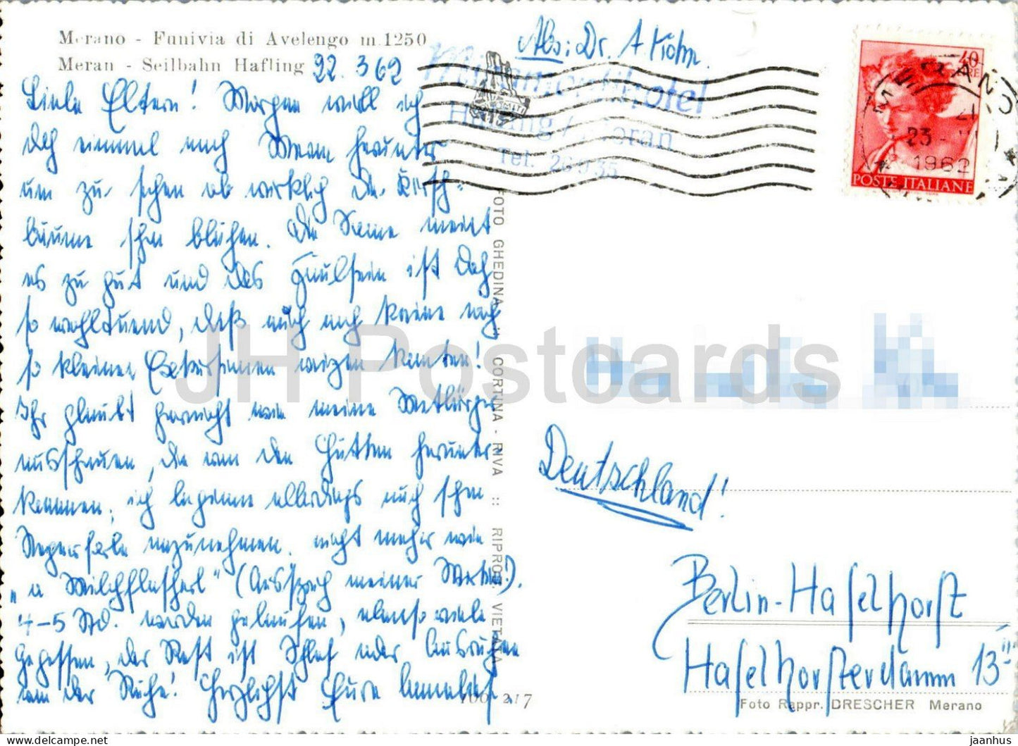 Merano - Funivia di Avelengo m. 1250 - Meran - Seilbahn Hafling - car - cable car Alps - mountains - 1962 - Italy - used