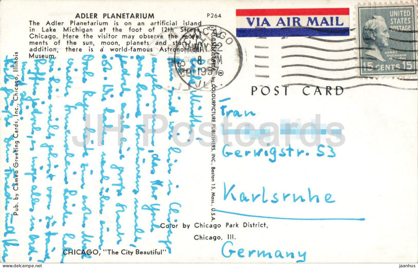 Adler-Planetarium - Chicago, Ill. - Kuppel - Gebäude - Michigansee - alte Postkarte - 1957 - USA - gebraucht