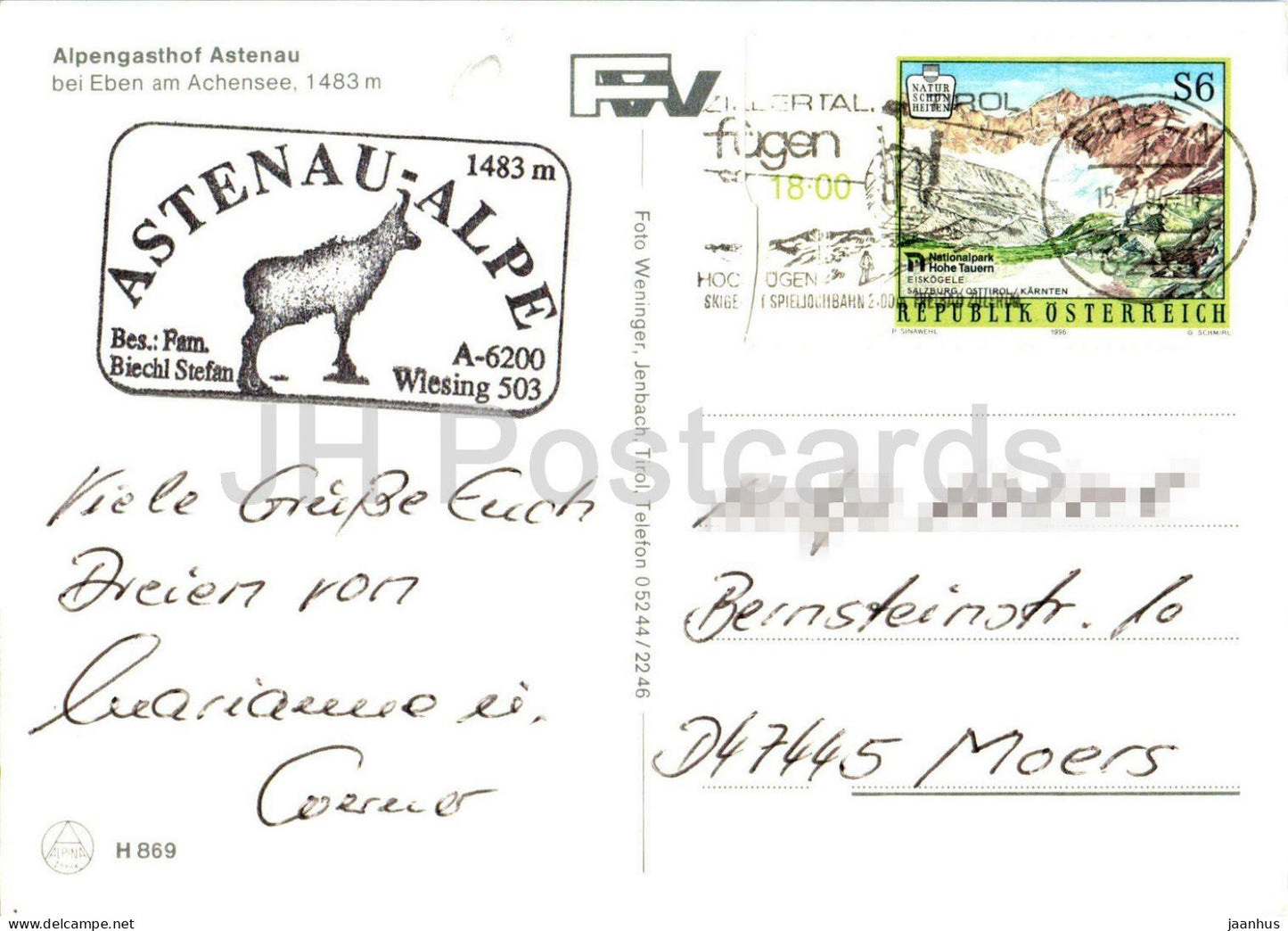 Alpengasthof Astenau bei Eben am Achensee 1483 m - alpine guesthouse - gasthaus - Tirol - 1996 - Austria - used