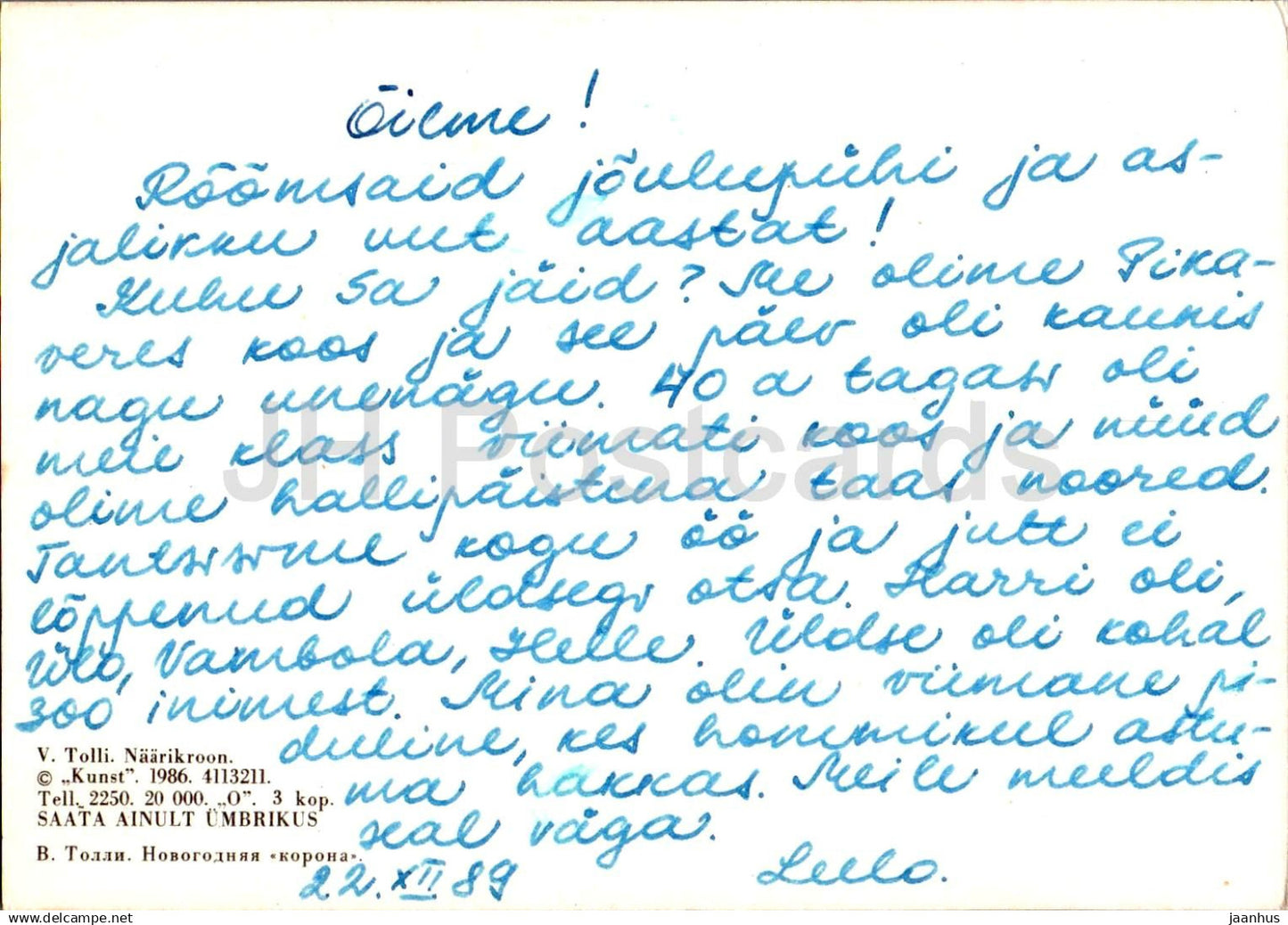 Carte de voeux du Nouvel An par V. Tolli - 1 - couronne du Nouvel An - 1986 - Estonie URSS - d'occasion