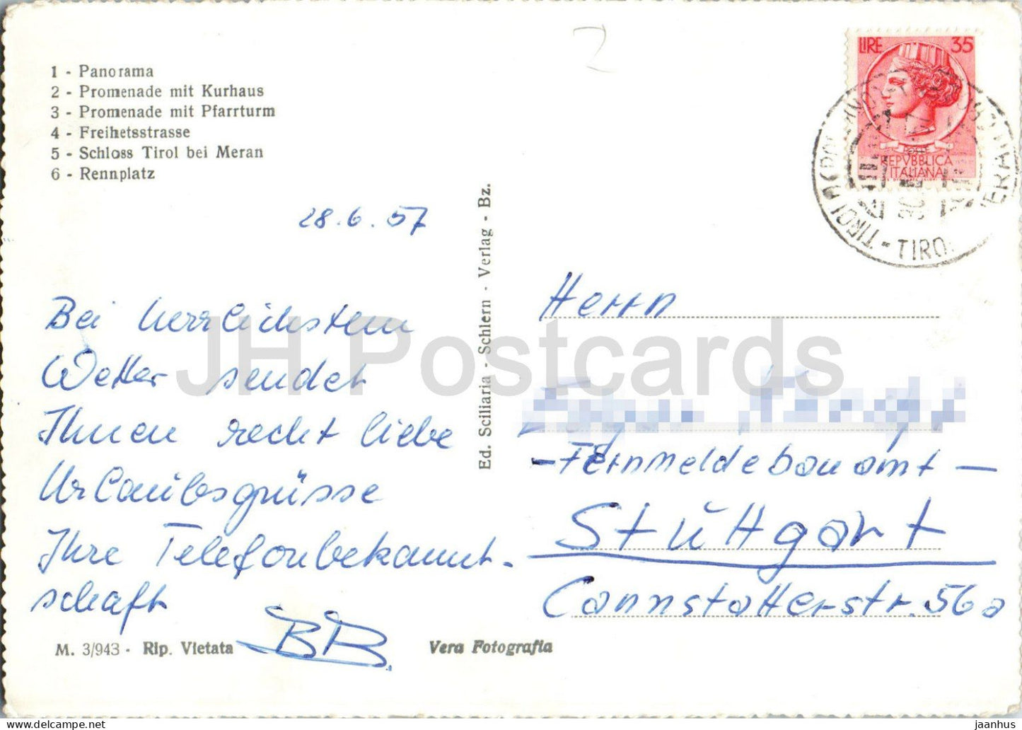 Saluti da Merano - Grüsse aus Meran - Greetings - Ansichten der Kurstadt - Mehrbildkarte - alte Postkarte - 1957 - Italien - gebraucht
