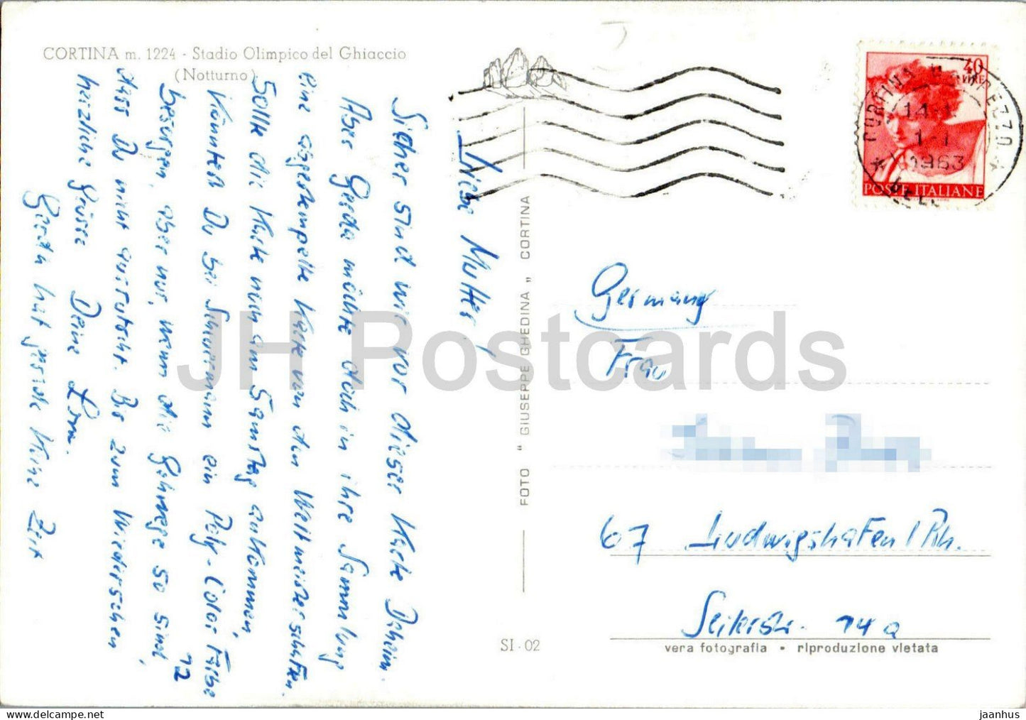 Cortina m.1224 - Stadio Olimpico del Ghiaccio - Notturno - Olympic Stadium - Night View - SI 02 - 1963 - Italy - used