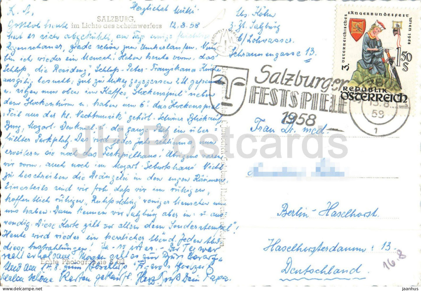 Salzburg im Lichte des Scheinwerfers - Salzburg bei Nacht - alte Postkarte - 1958 - Österreich - gebraucht