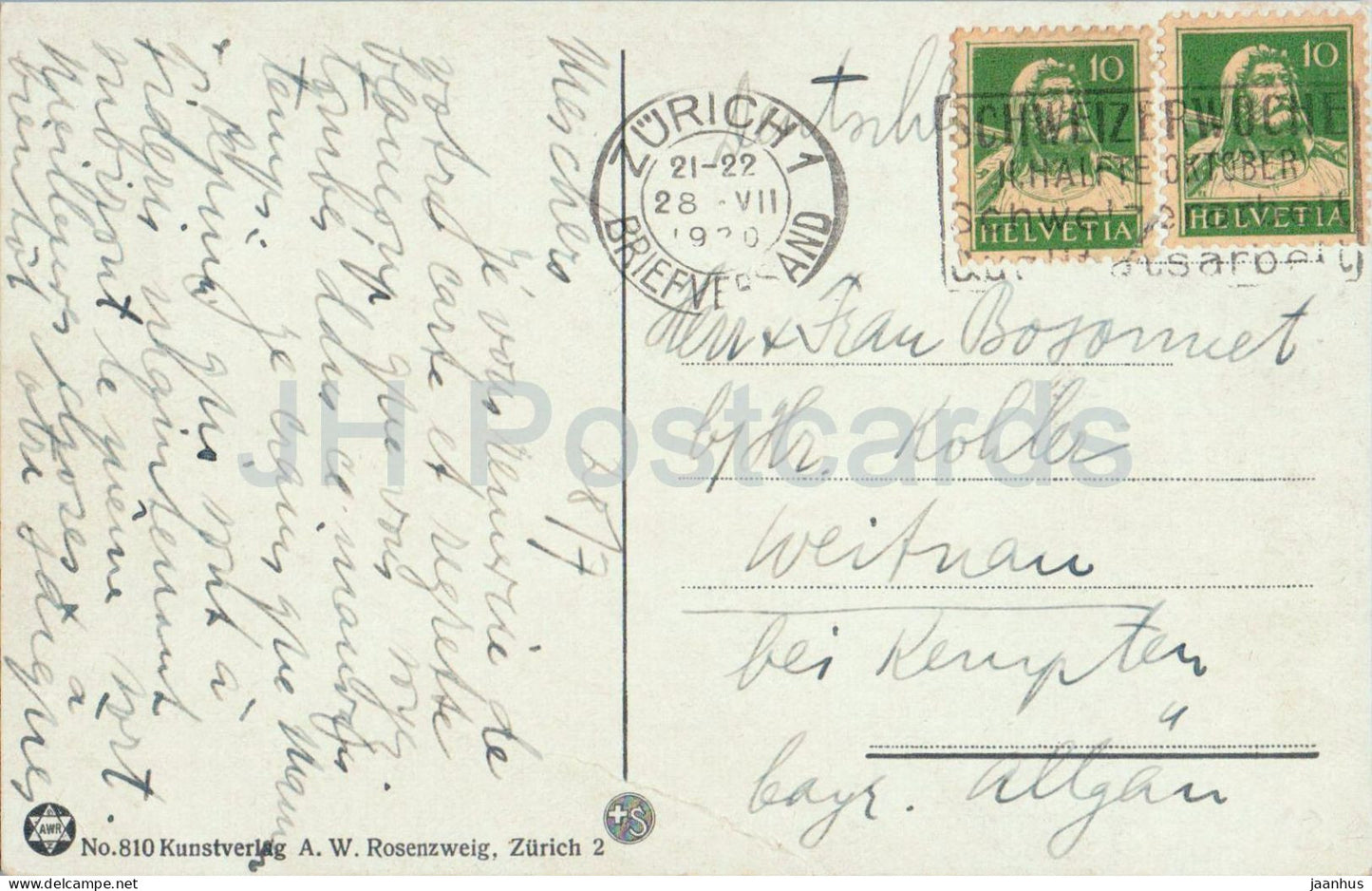 Zurich mit Zurichberg - vue sur la ville - 810 - carte postale ancienne - 1920 - Suisse - utilisé