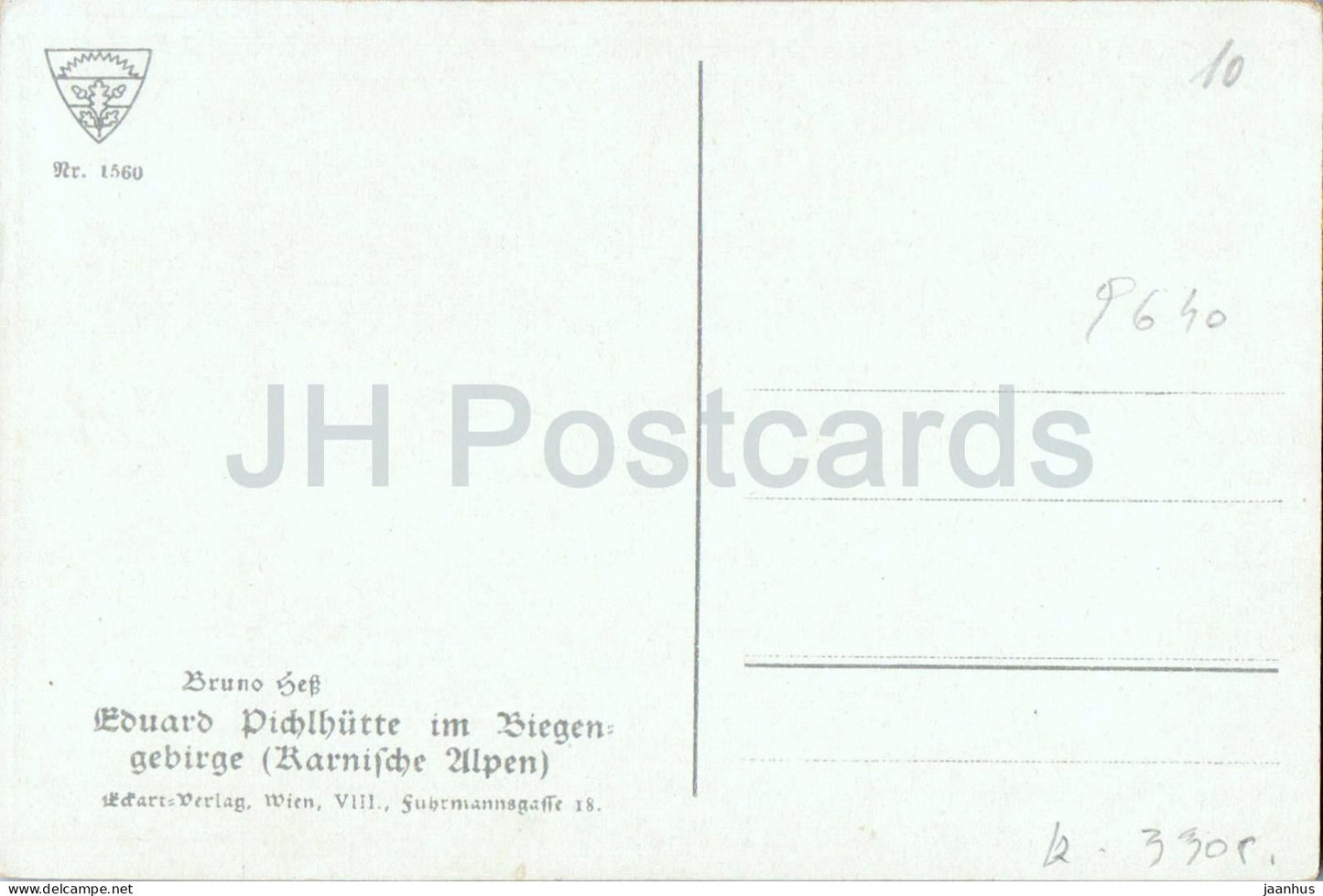 Eduard Pichlhutte im Biegengebirge - hut - mountains illustration by Bruno Hess - 1560 - old postcard - Austria - unused