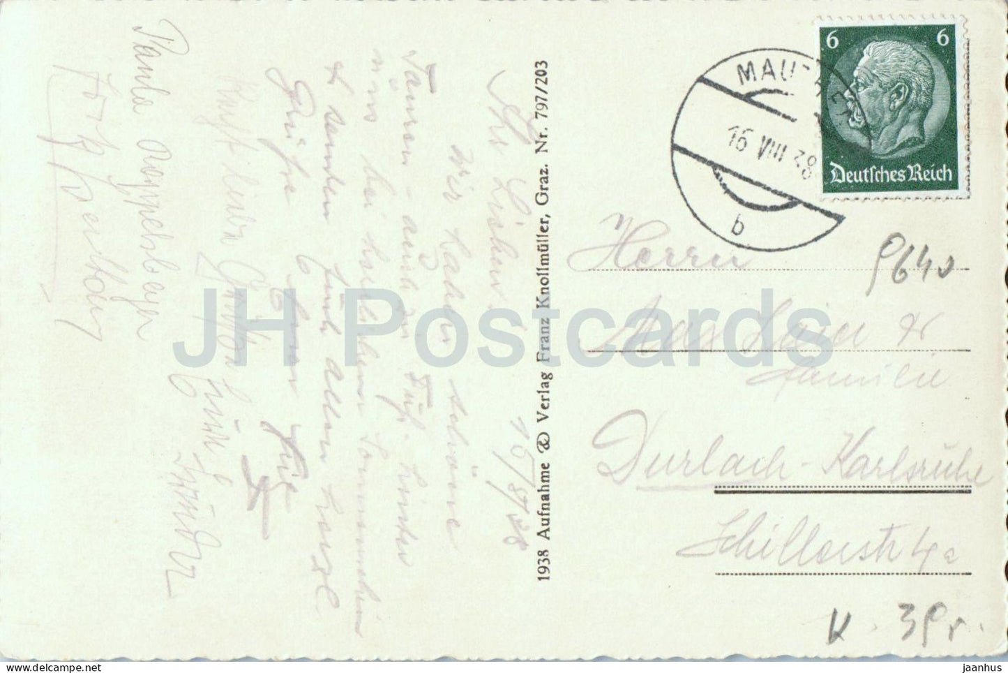 Plockenhaus mit Pic di Tumau - Tischlwangerkofel - u. Grosser Pal - 797/203 - carte postale ancienne - 1938 - Autriche - utilisé
