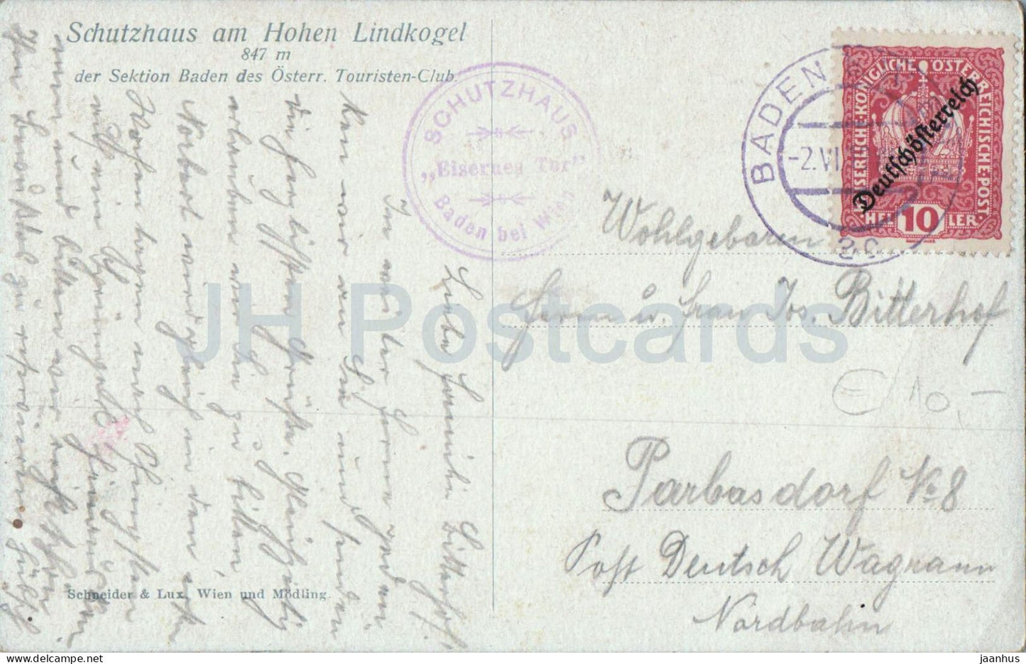 Schutzhaus am Hohen Lindkogel 847 m - Baden bei Wien - Aussichtsturm und Berghaus - carte postale ancienne - Autriche - utilisé