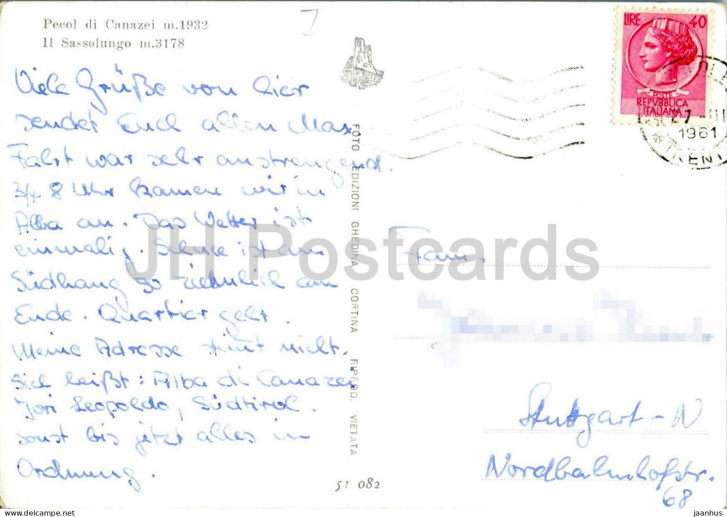 Pecol di Canazei m.1932 - Il Sassolungo m. 3178 - Dolomites - mountains - Alps - 51082 - 1961 - Italy - used