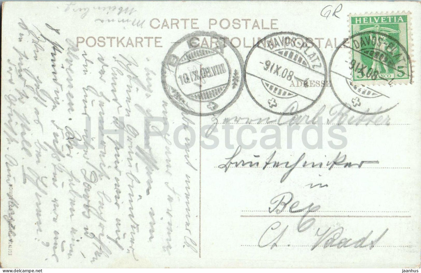 Davosersee 1562 m - vue sur le lac et le village - 3691 - carte postale ancienne - 1908 - Suisse - utilisée