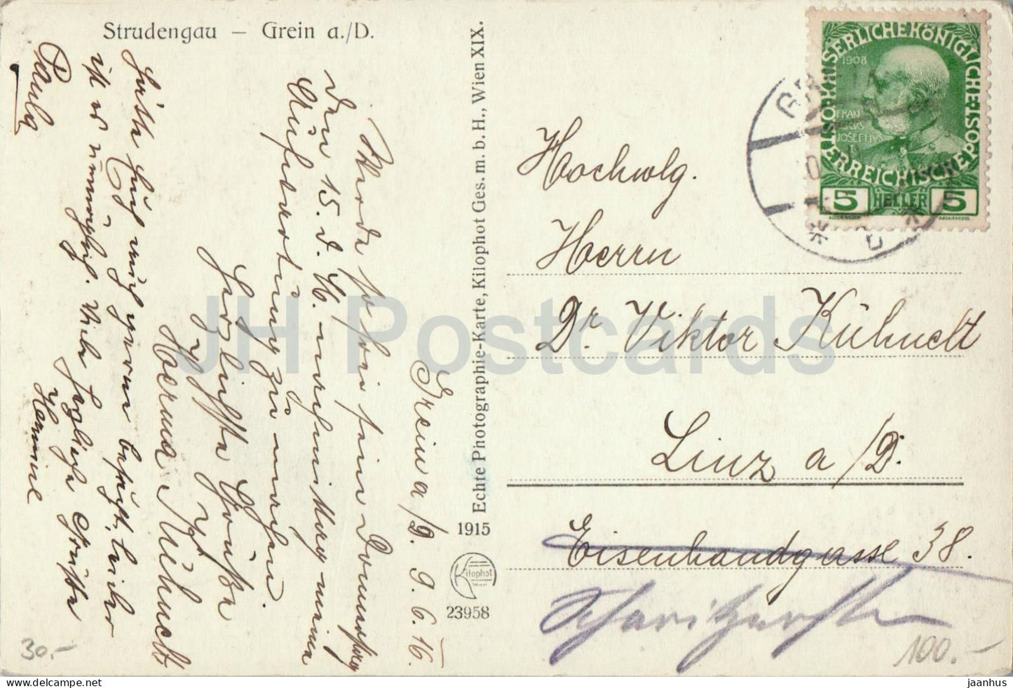 Strudengau - Grein a. d. Donau - castle - town view - steamboat - ship - 23958 - old postcard - 1916 - Austria - used