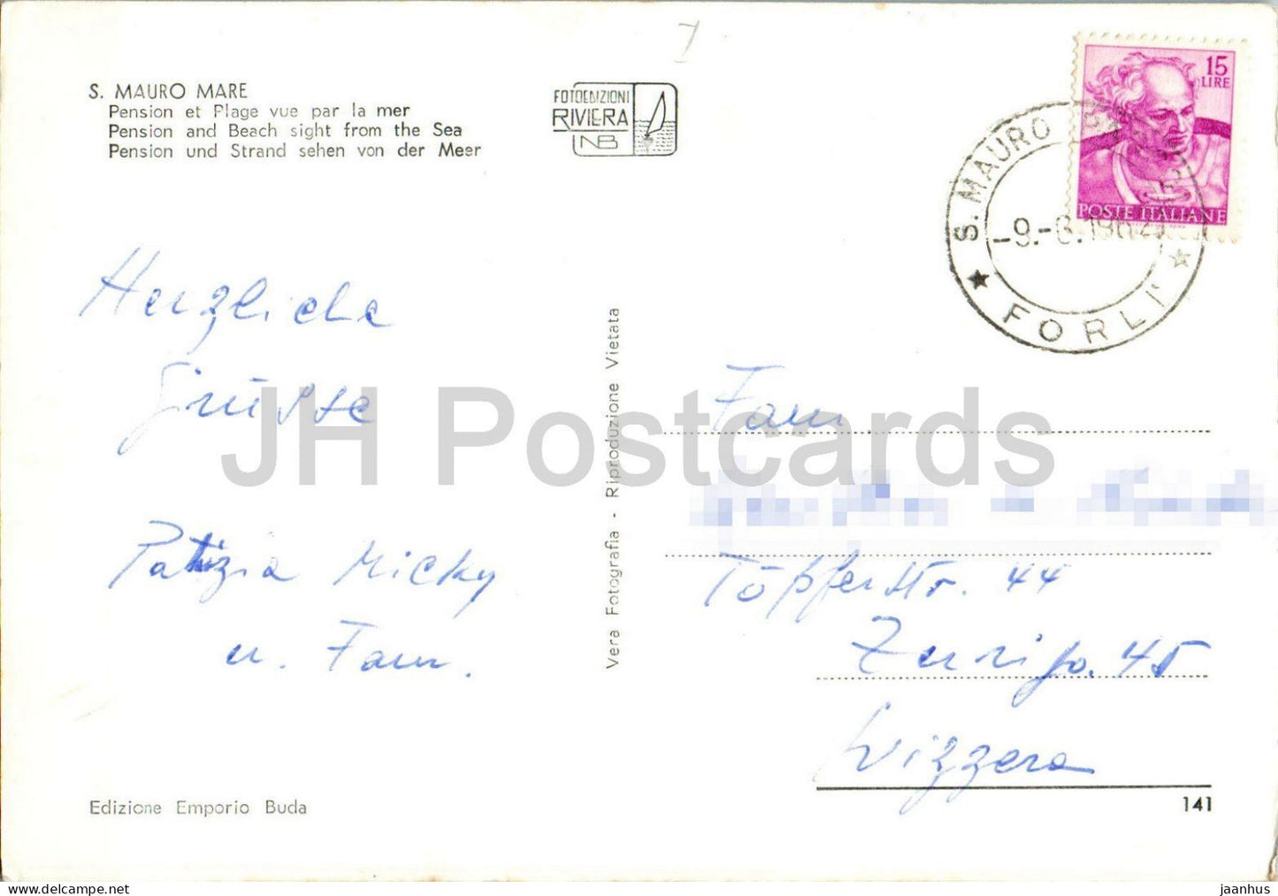 S. Mauro Mare - Pensions et plage vues de la mer - plage - voilier - 141 - 1964 - Italie - usagé