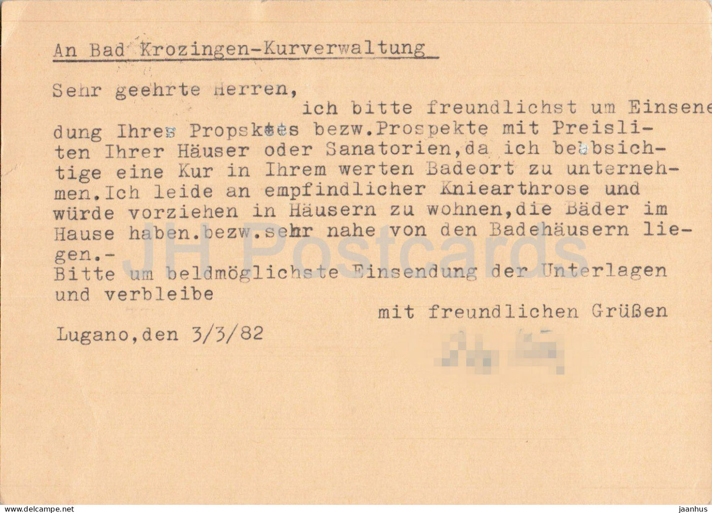 Kurverwaltung Bad Krozingen - papeterie postale - 36 - 1982 - Suisse - oblitéré