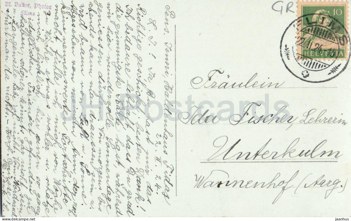 Winterlandschaft bei Flims - skieur - chemin de neige - Alpes - photo - carte postale ancienne - 1924 - Suisse - utilisé