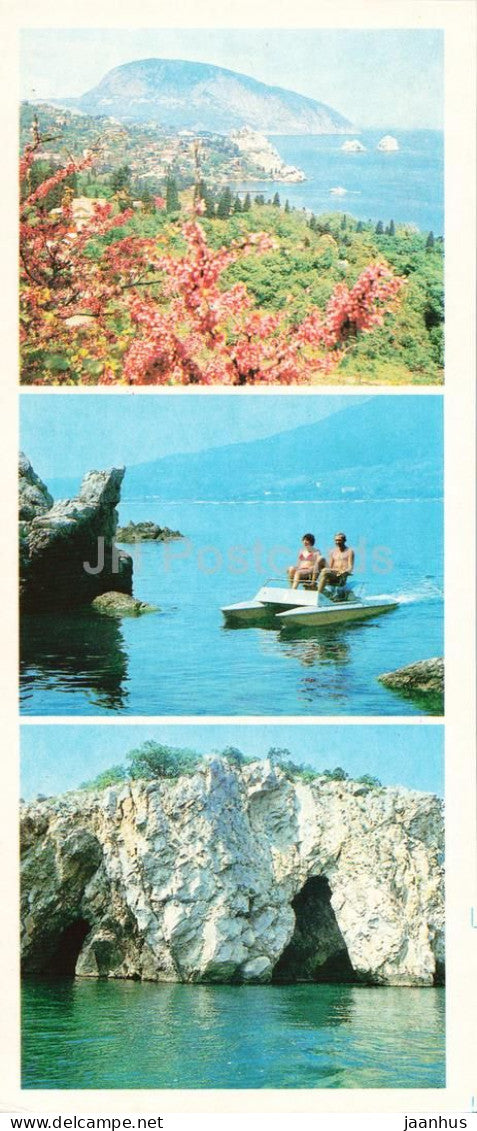 Crimea - Gurzuf - View of Ayu Dag mountain and Adalari - Pushkin Grotto - boat - USSR Ukraine - unused - JH Postcards