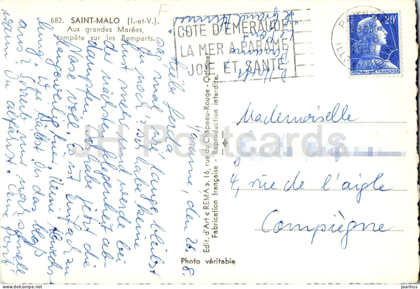 Saint Malo - Aux grandes Marées - tempête sur les Remparts - remparts - 682 - ancienne carte postale - 1957 - France - oblitérée