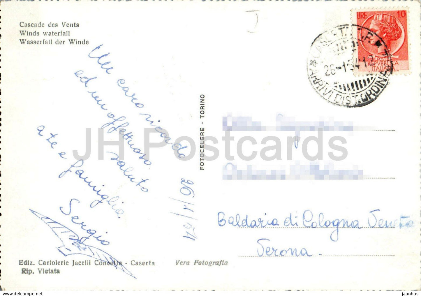 Caserta - Cascata dei Venti - Chute d'eau des Vents - jardins du palais royal - vieille carte postale - 1954 - Italie - usagée