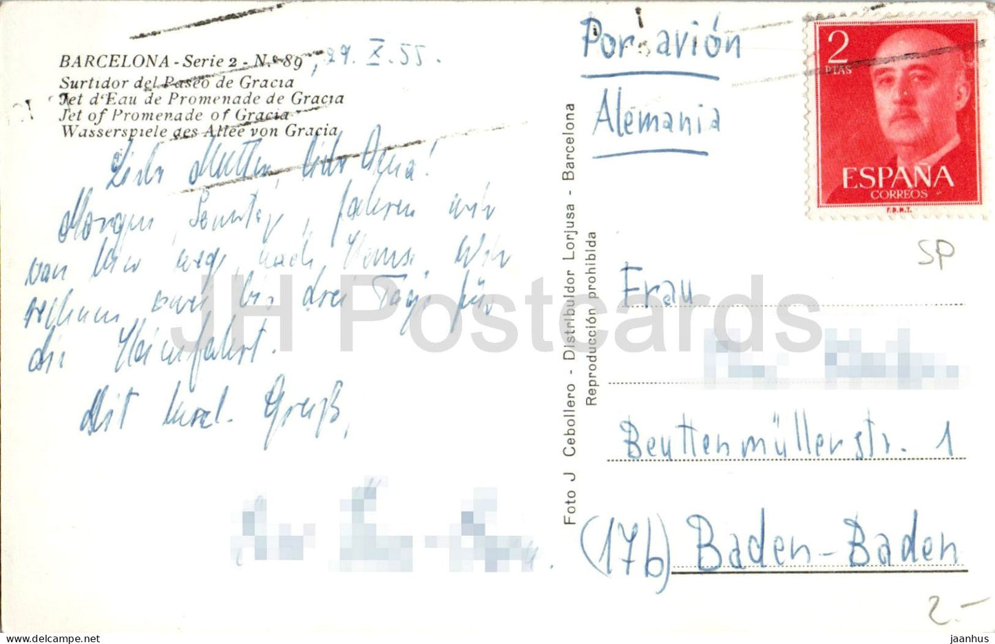 Barcelona - Surtidor del Paseo de Gracia - Brunnen - Straße - Auto - 89 - alte Postkarte - 1955 - Spanien - gebraucht