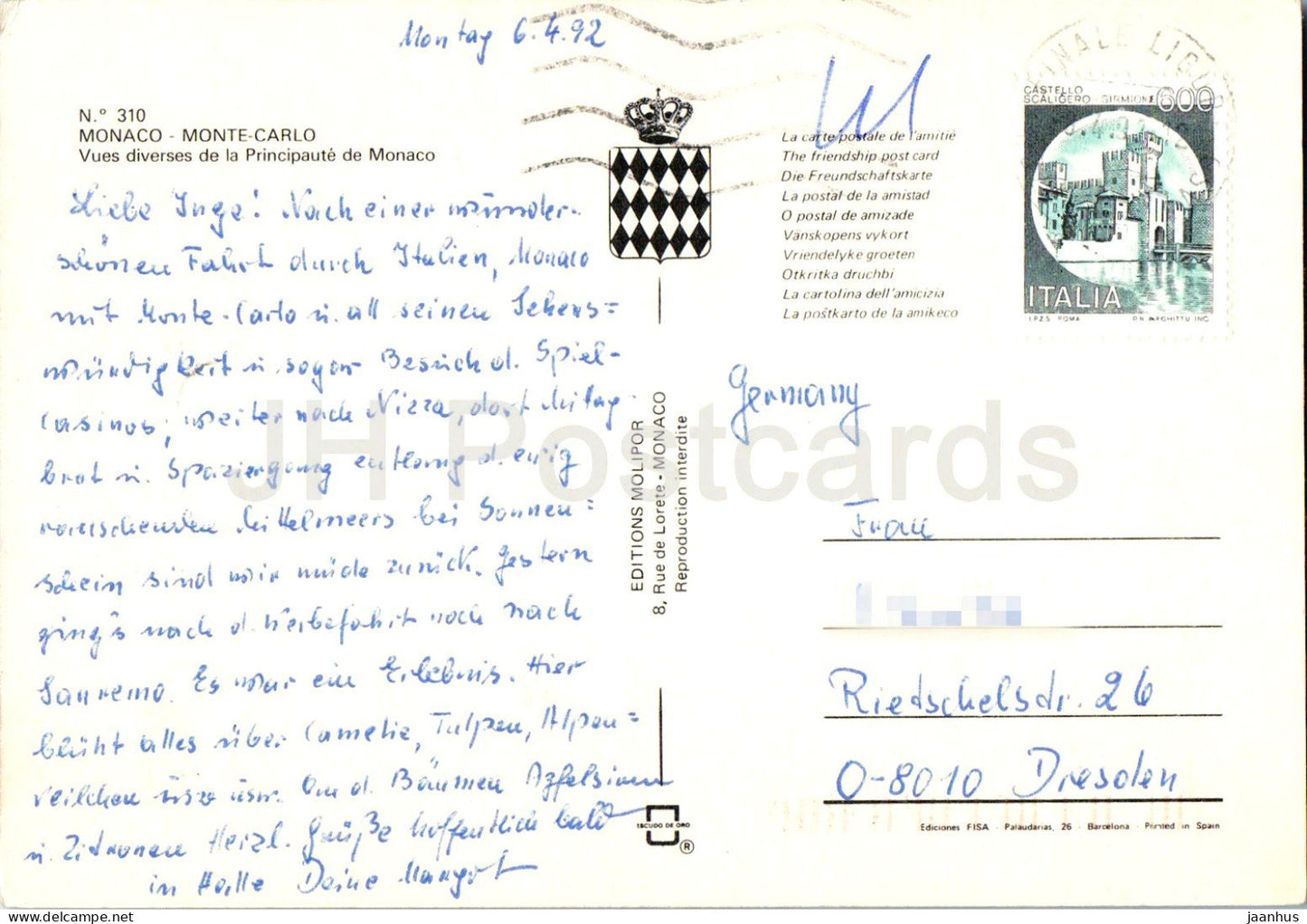 Monte Carlo - vues diverses - multivue - voilier - 310 - 1992 - Monaco - oblitéré