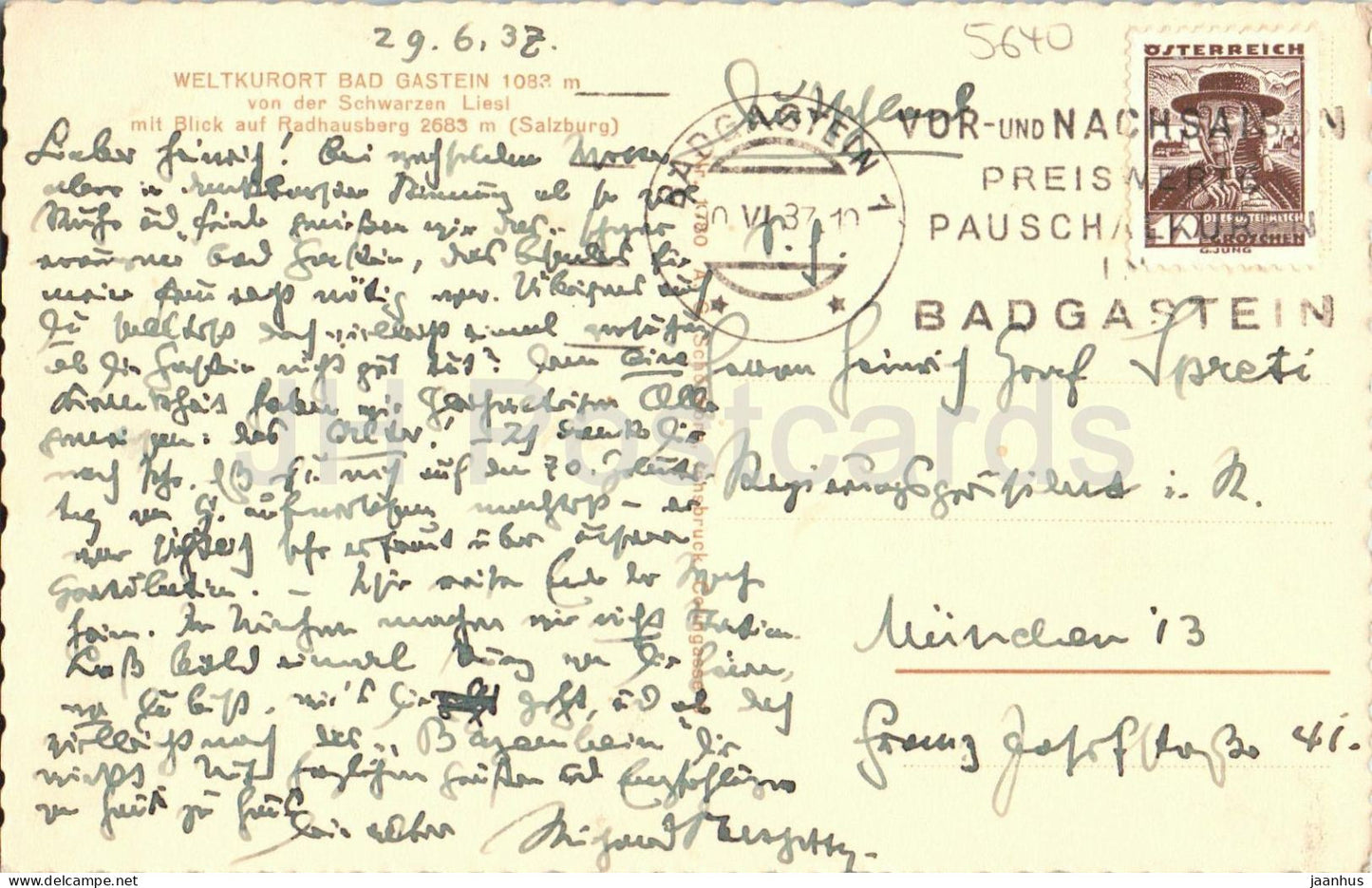 Weltkurort Bad Gastein 1083 m - Mountain town view - Radhausberg - old postcard - 1937 - Austria - used