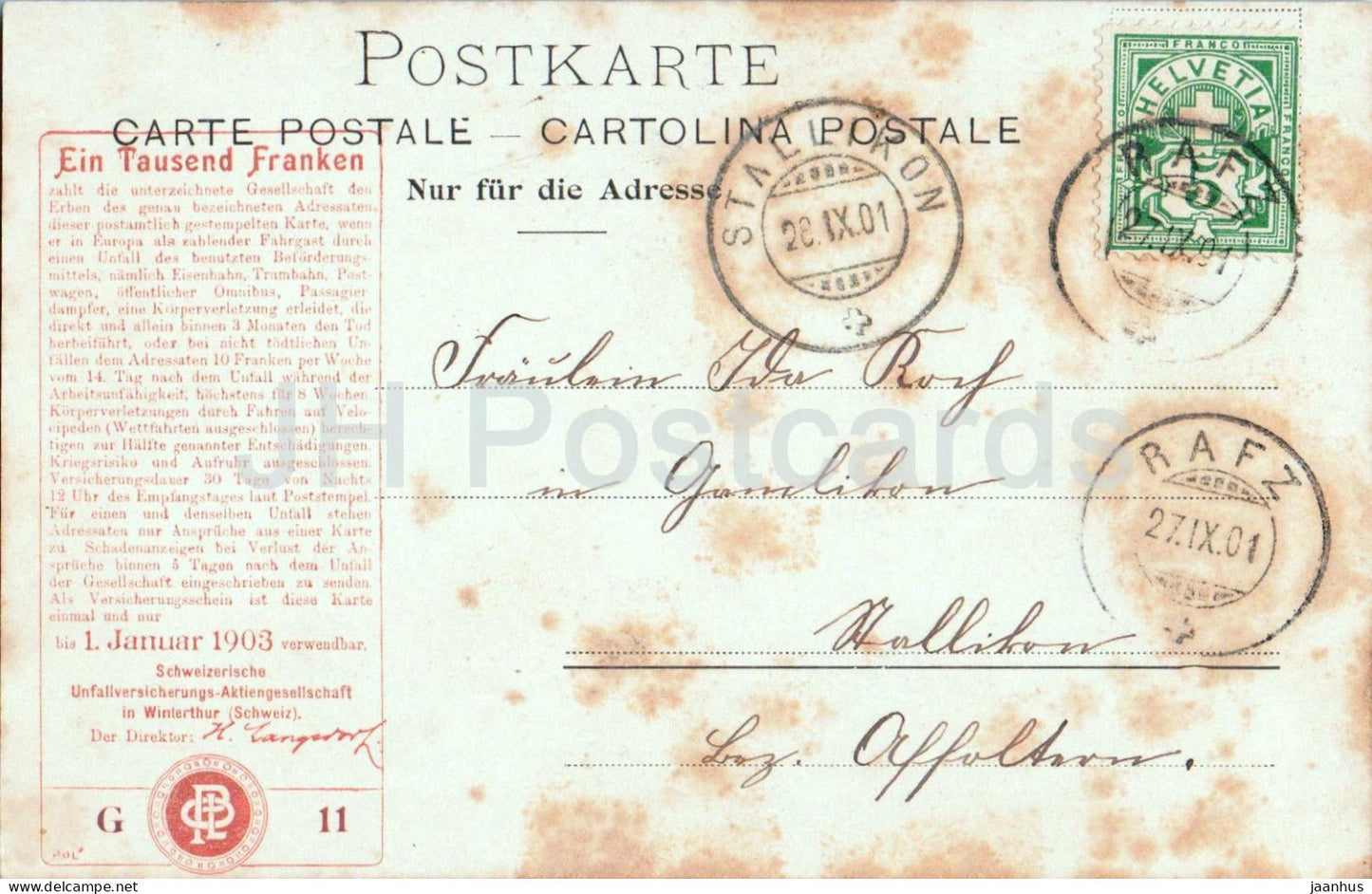 Basel - Wettsteinbrucke - bridge - Rhine River - Cathedral - Unfallversicherung old postcard - 1901 - Switzerland - used