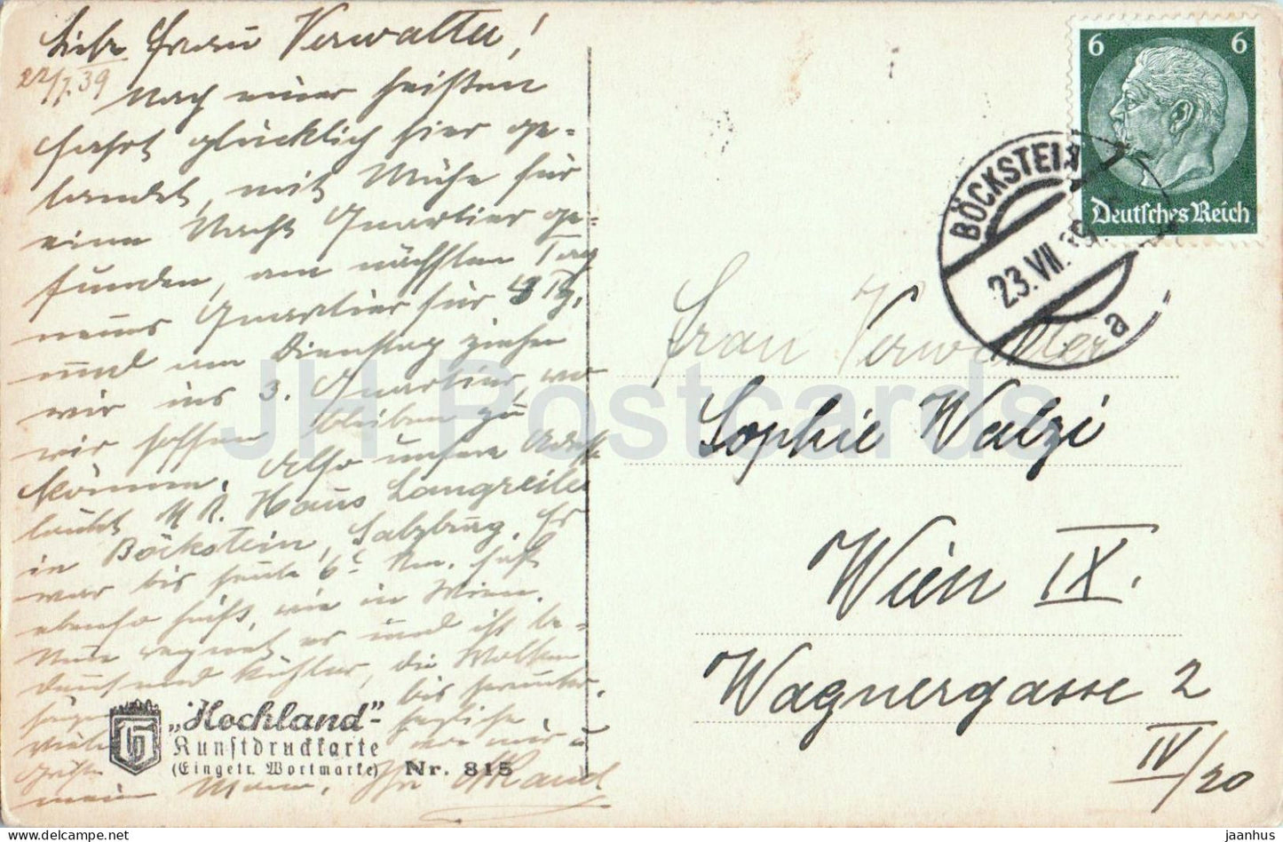 Bockstein gegen das Anlauftal - N° 815 - carte postale ancienne - 1939 - Autriche - utilisé