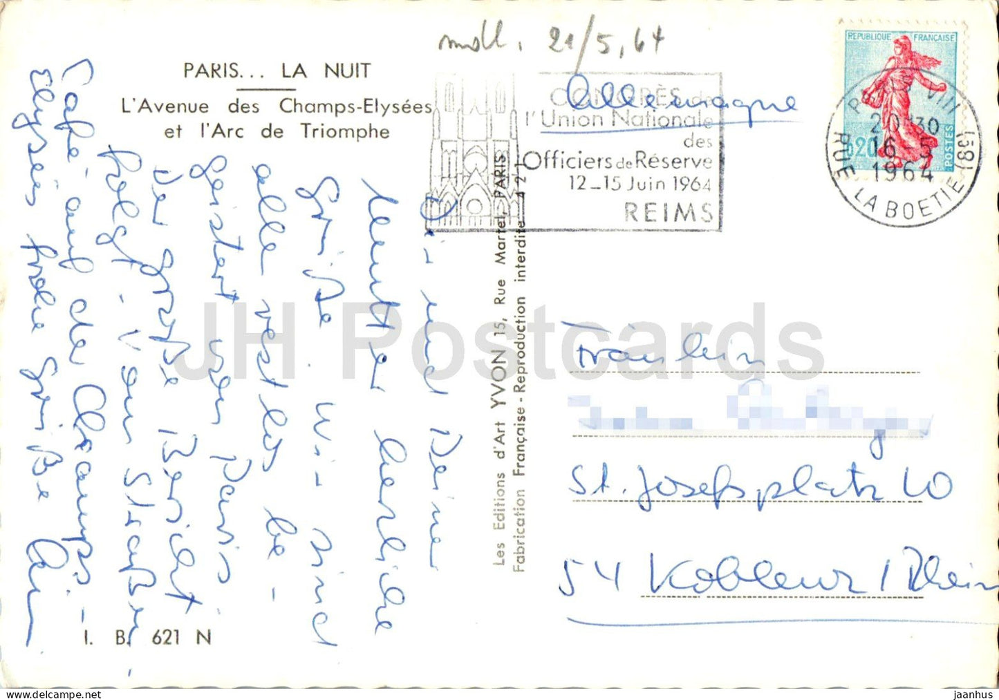 Paris - Avenue des Champs-Elysees und Arc de Triomphe - Paris bei Nacht - alte Postkarte mit Verkehr - 1964 - Frankreich - gebraucht