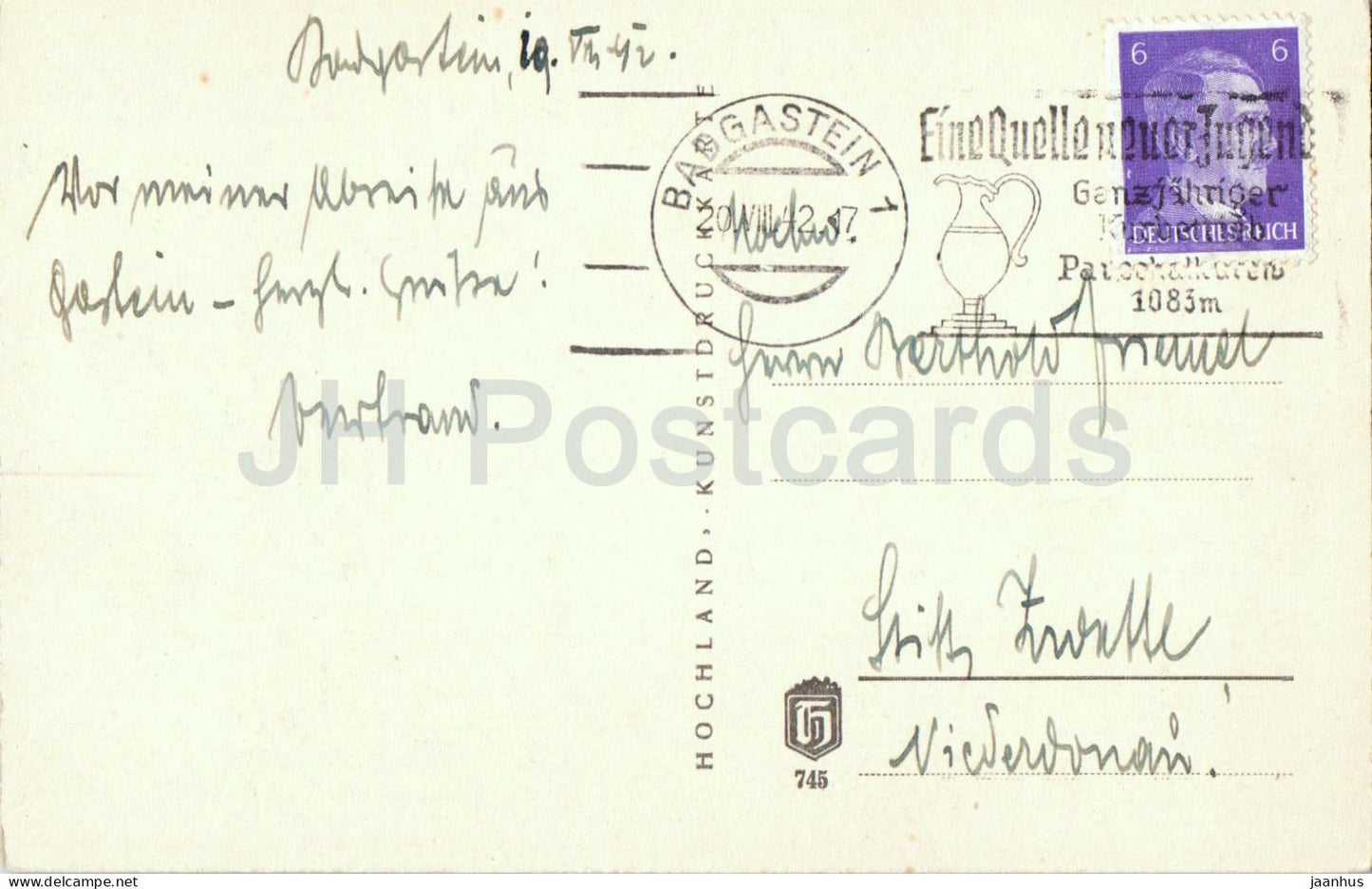 Badgastein Prossau gegen die Holltorspitzen 2900 m mit Schleierfall - carte postale ancienne - 1942 - Autriche - utilisé