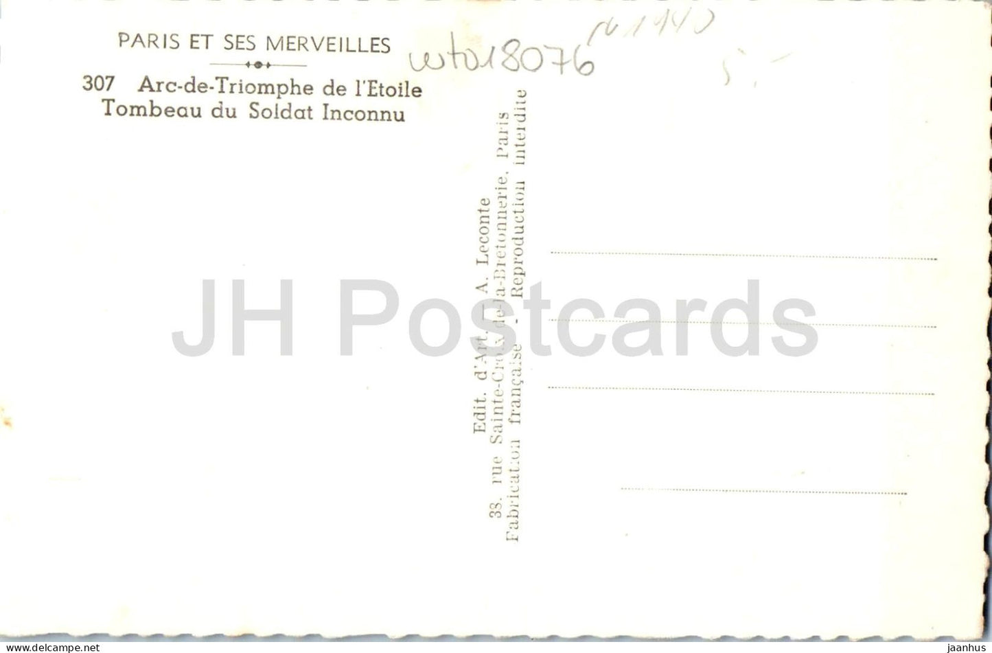 Paris - Arc de triomphe de l'Etoile - Tombeau du Soldat Inconnu Tomb of the Soldier 307 - old postcard - France - unused