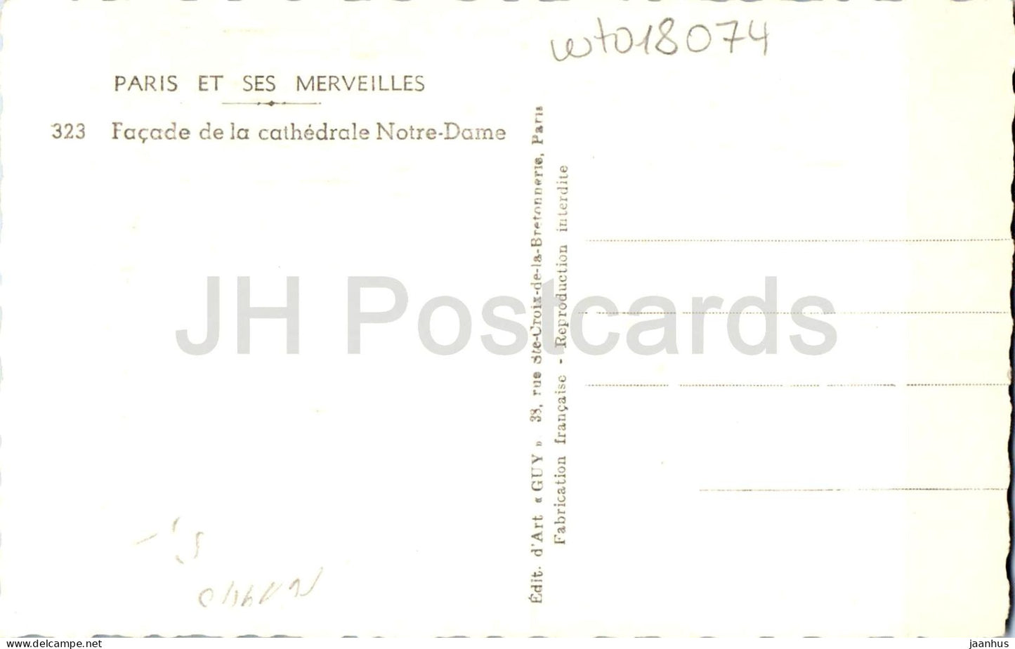 Paris Et Ses Merveilles - Facade de la cathedrale Notre-Dame - cathedral - car - 323 - old postcard - France - unused