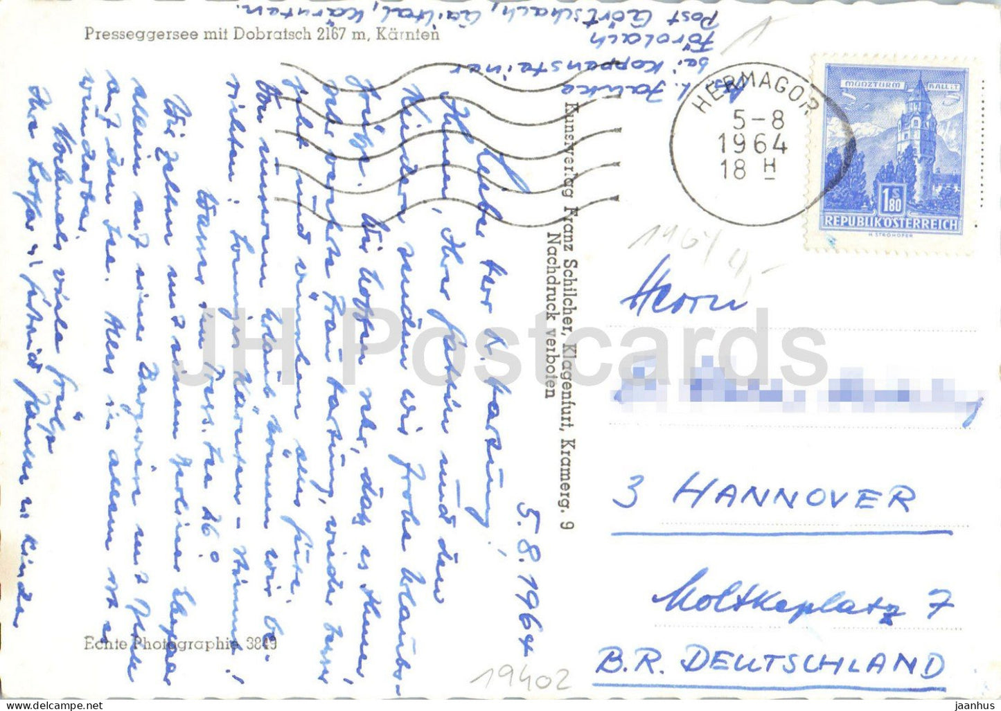 Presseggersee mit Dobratsch 2167 m - Karnten - lake - mountains - boat - 3849 - 1964 - Austria - used