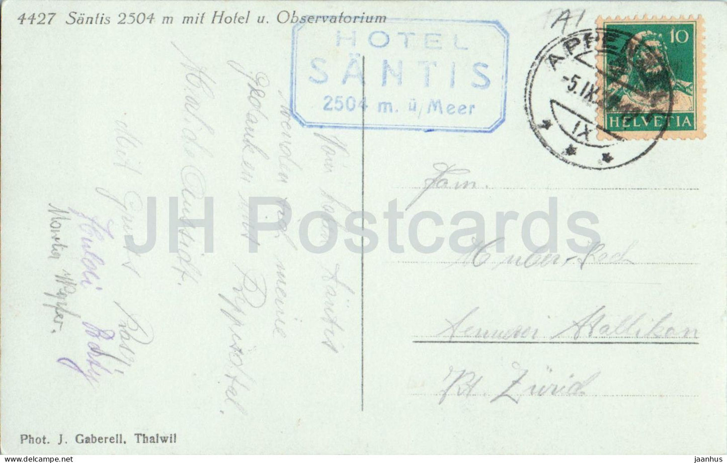 Santis 2504 m mit Hotel und Observatorium - 4427 - old postcard - 1910s - Switzerland - used