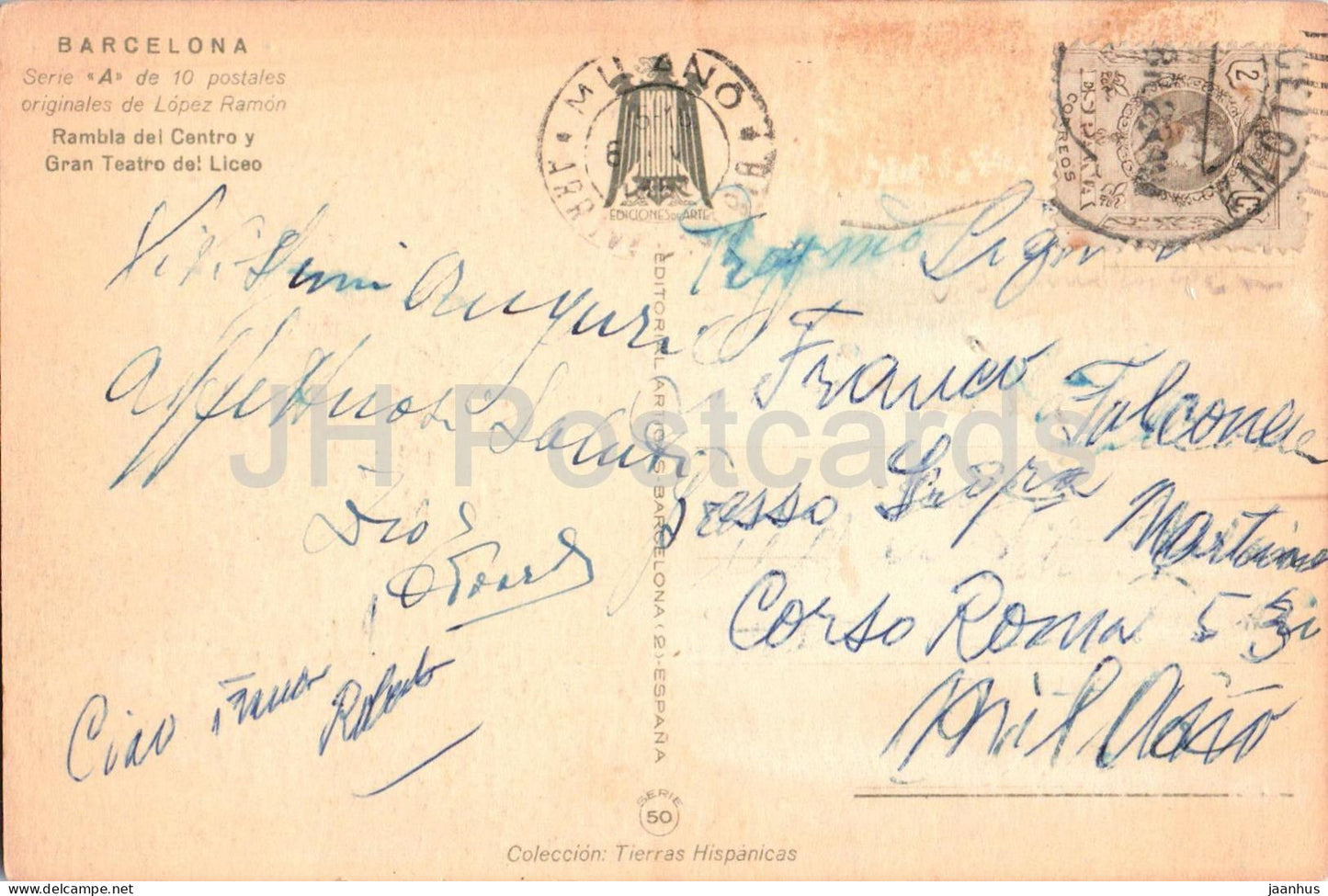 Barcelona - Rambla del Centro und Gran Teatro del Liceo - Lopez Ramon - Illustration - alte Postkarte - Spanien - gebraucht