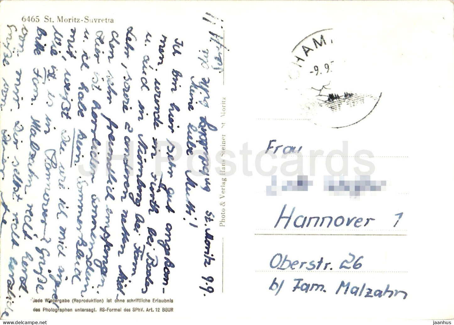 St. Moritz - Suvretta - montagnes - hôtel alpin - Alpes - vieille carte postale - 6465 - années 1950 - Suisse - utilisée