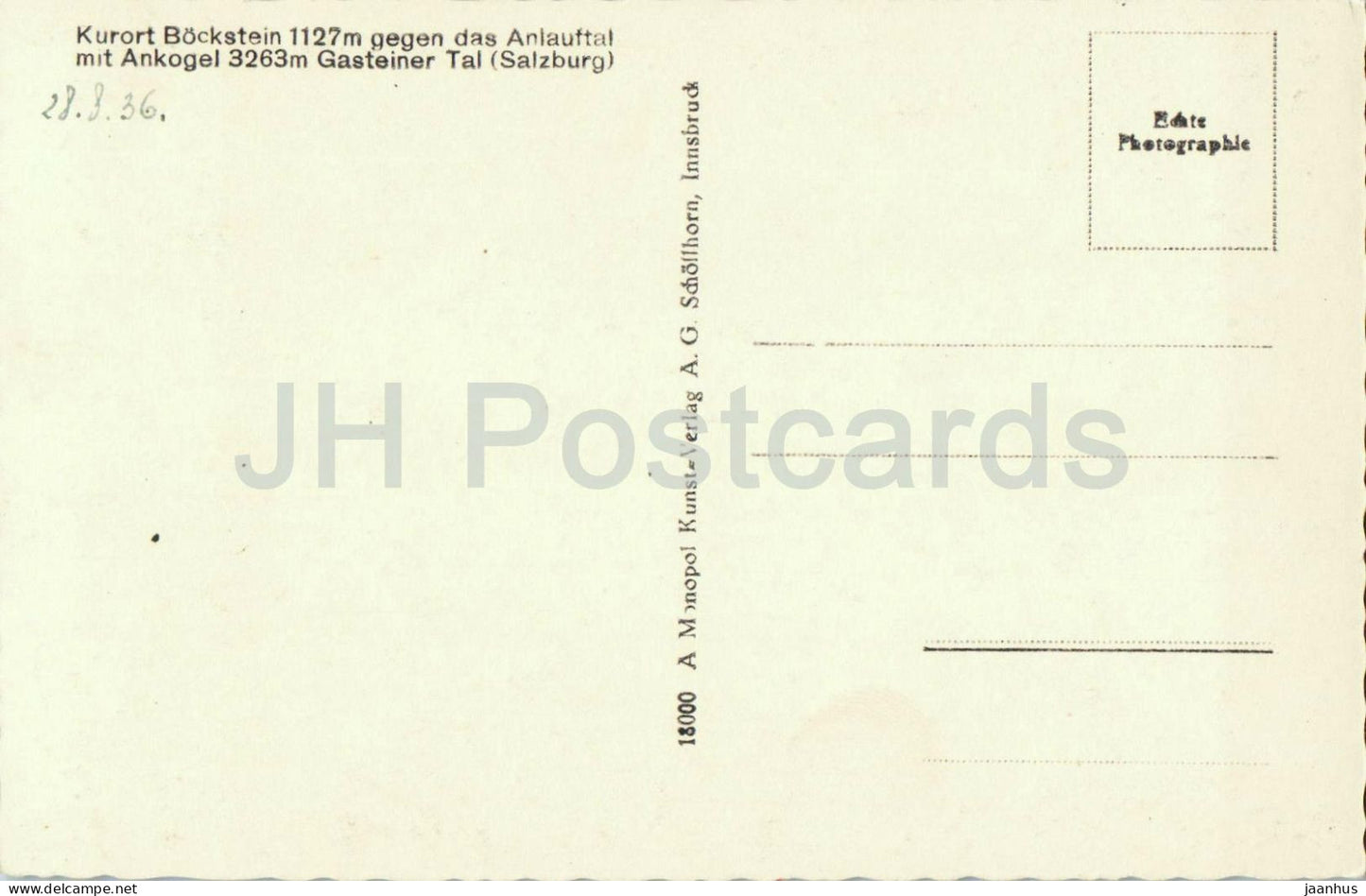 Kurort Bockstein 1127 m gegen das Anlauftal und Ankogelgruppe 3263 m - 18000 - carte postale ancienne - 1936 - Autriche - inutilisé