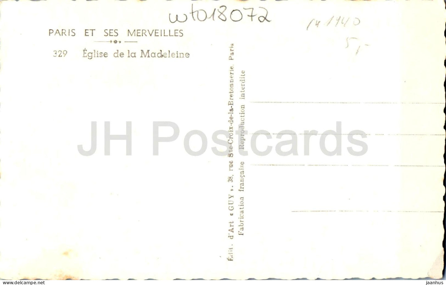 Paris Et Ses Merveilles - Eglise de la Madeleine - Church of the Madeleine - 329 - old postcard - France - unused