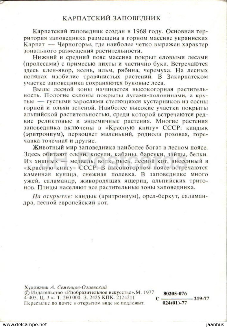 Naturschutzgebiete der UdSSR - Biosphärenreservat Karpaten - Steinadler - Europäische Wildkatze - 1977 - Russland UdSSR - unbenutzt