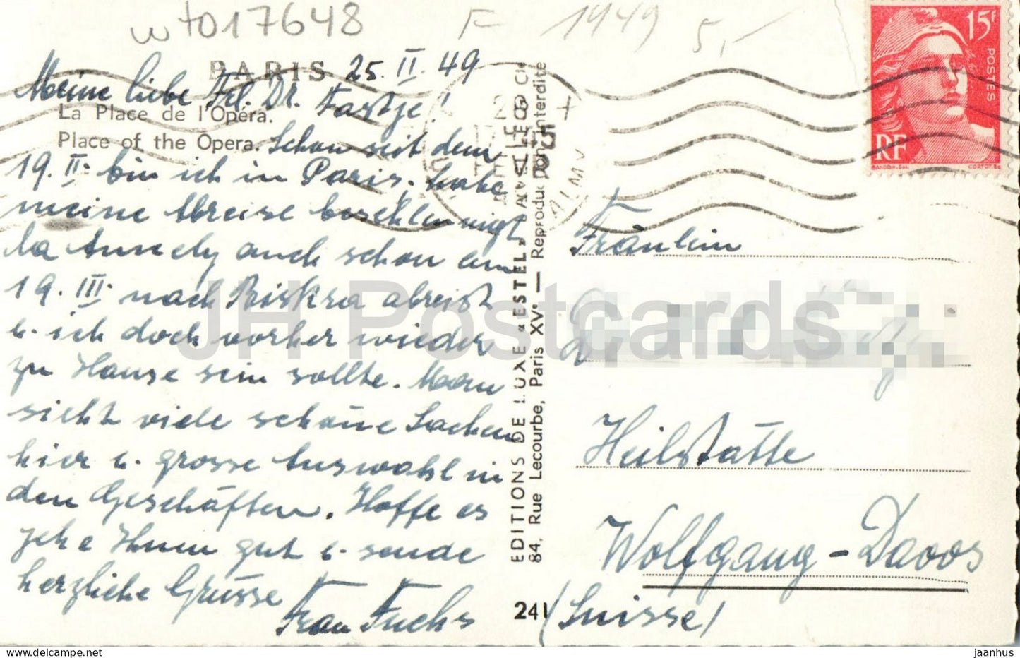 Paris - La Place de l'Opéra Place de l'Opéra - Opéra place théâtre voiture - 241 - vieille carte postale - 1949 - France - usagé