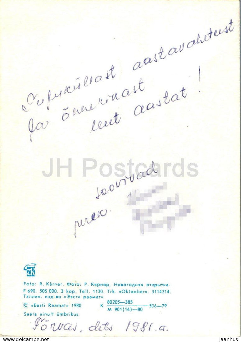 New Year Greeting Card - 4 - mittens - fir cones - 1980 - Estonia USSR - used