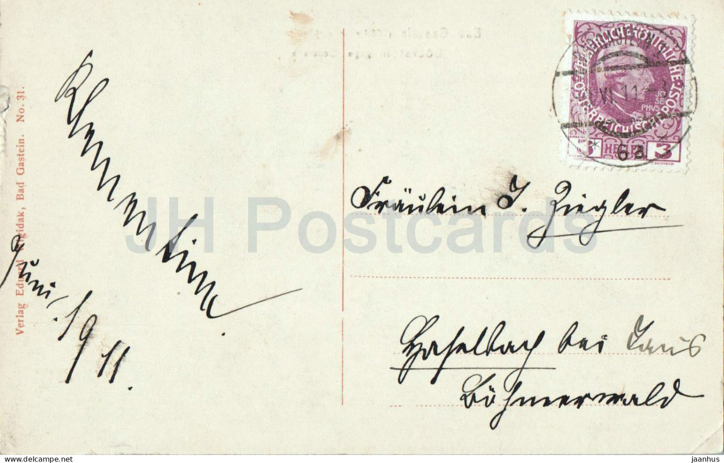 Bad Gastein 1084 m - Bockstein gegen Schareck - N° 31 - carte postale ancienne - 1911 - Autriche - utilisé