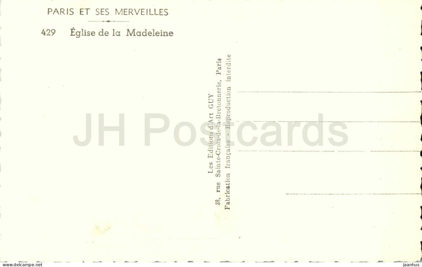 Paris Et Ses Merveilles - Eglise de la Madeleine - Church of the Madeleine - 429 - old postcard - France - unused