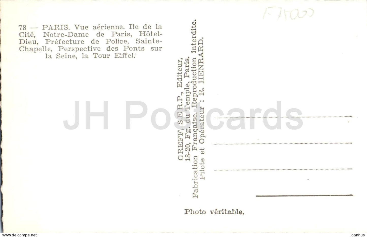 Paris - Vue aérienne - Île de la Cité Notre-Dame de Paris - Hôtel-Dieu - 78 - ancienne carte postale - France - non utilisée
