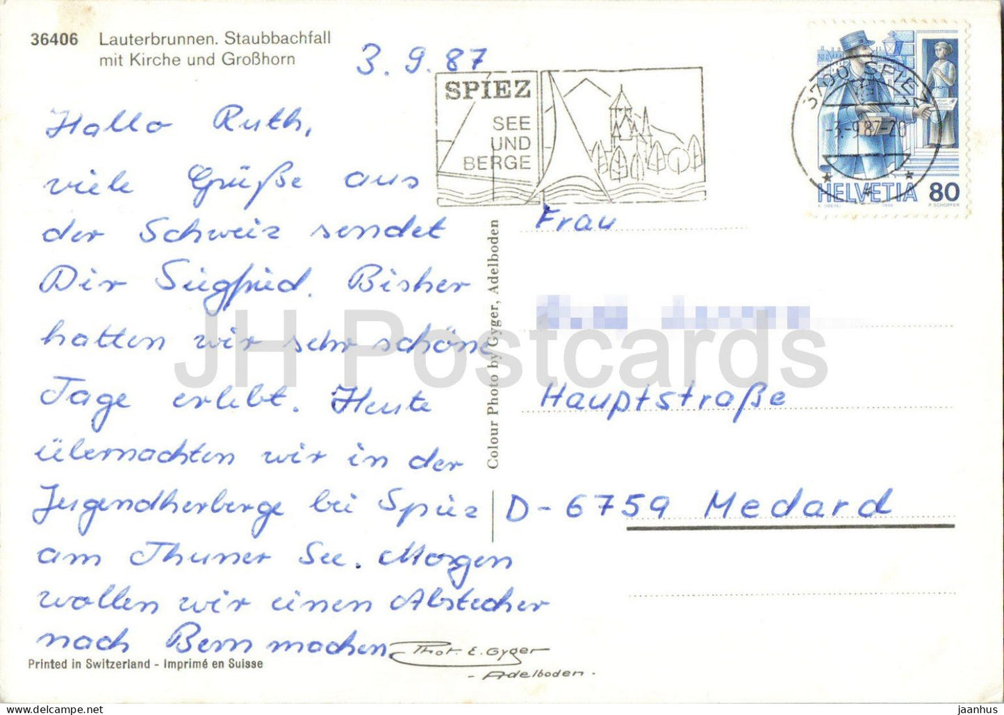 Lauterbrunnen Staubbachfall mit Kirche und Grosshorn - church - mountains - Alps - 5619 - 1987 - Switzerland - used