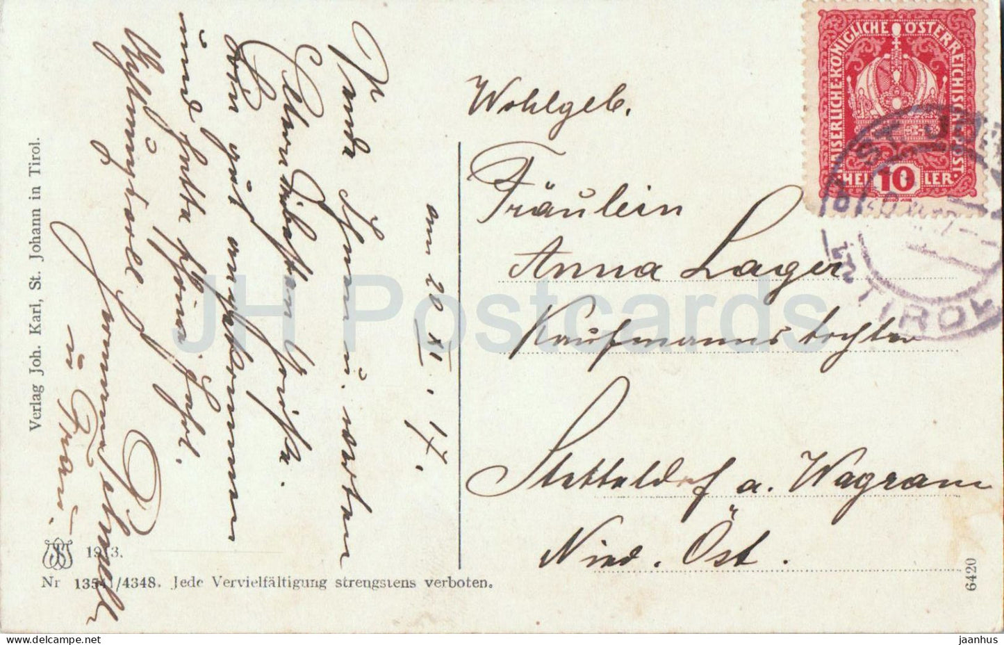 St. Johann in Tirol - town view - mountains - alpine valley - Nr. 13541/4348 - old postcard - 1917 - Austria - used