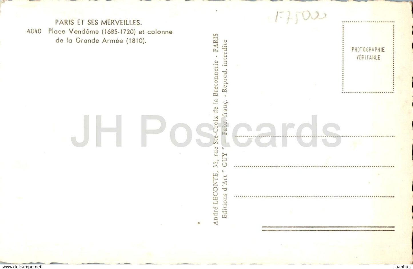 Paris et ses merveilles - Place Vendôme et colonne de la Grande Armée - colonne - 4040 - ancienne carte postale - France - neuve