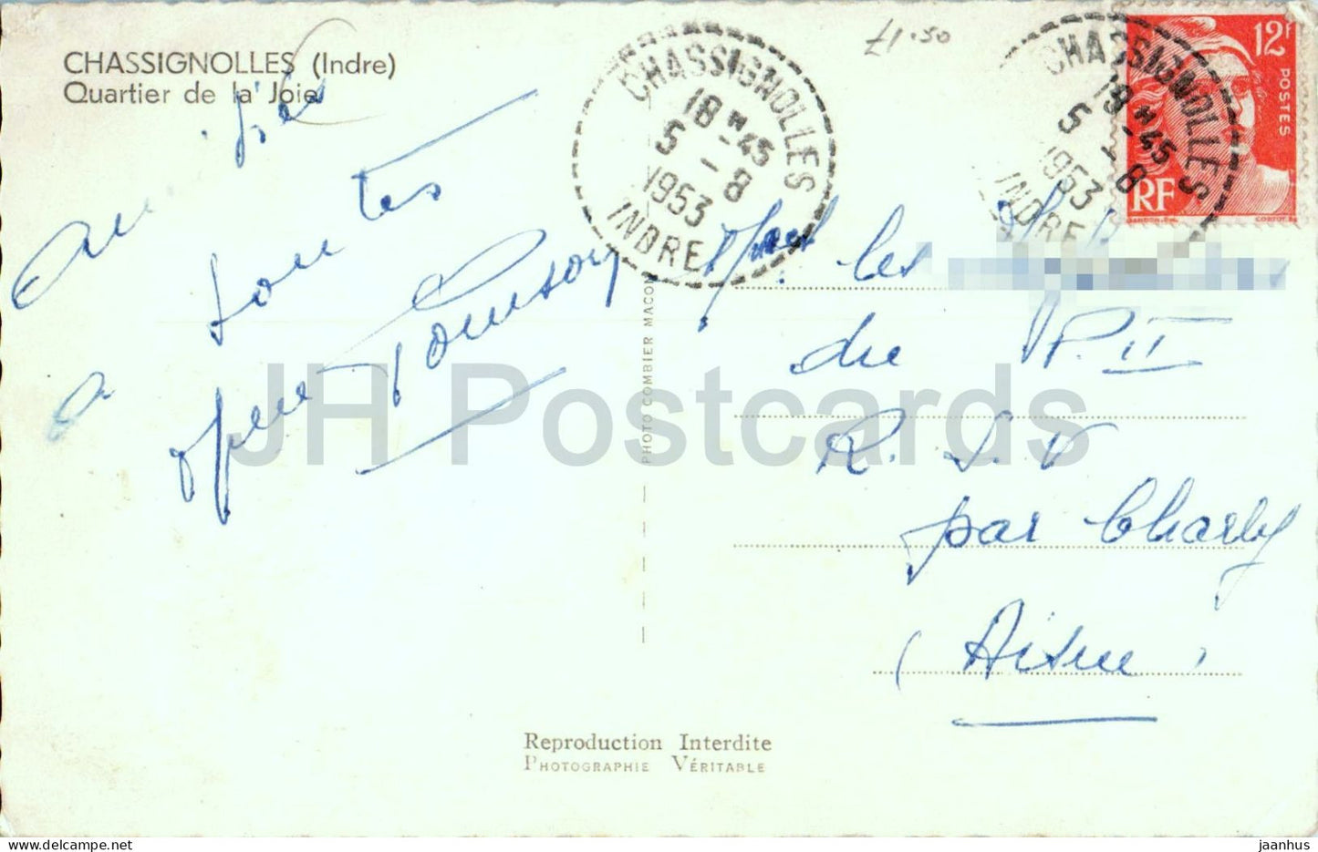 Chassignolles - Indre - Quartier de la Joie - Joy District - Dorfstraße - 1953 - alte Postkarte - Frankreich - gebraucht