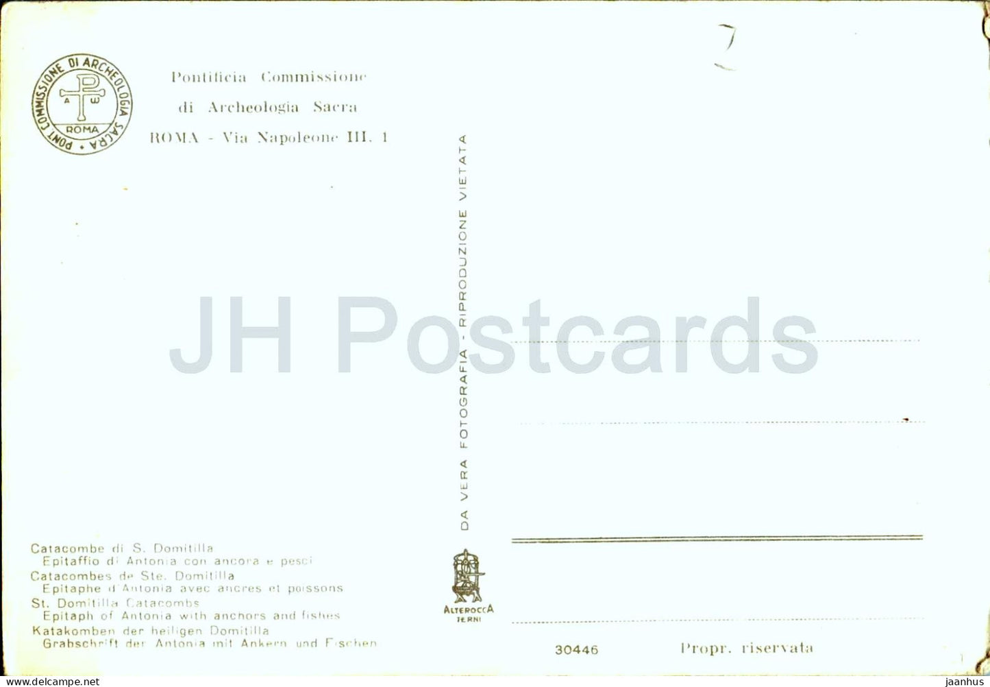 Roma - Rome - Catacombs of St. Domitilla - Epitaph of Antonia with anchor and fishes - old postcard - Italy - unused